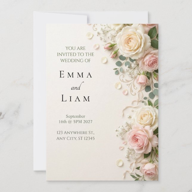 Blush Rose Garden Border Wedding Invitation (Front)