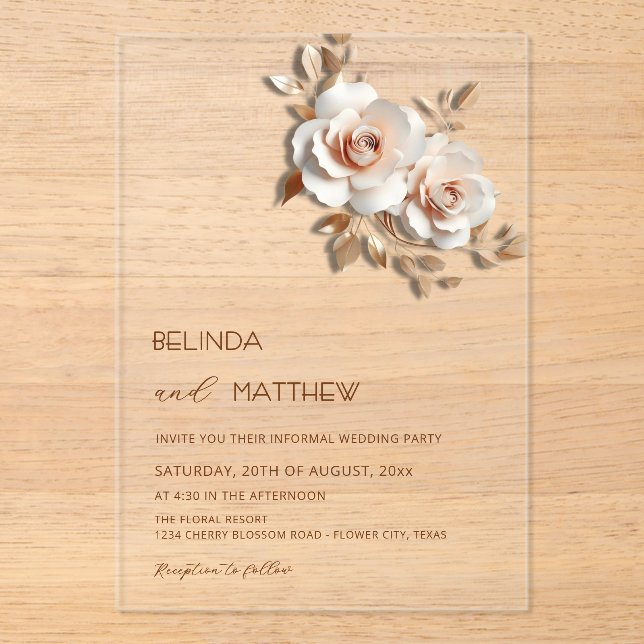 Blush  Rose Gold 3D Flowers Simple Acrylic Invitations (Front)