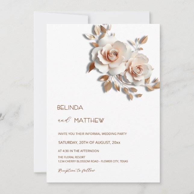 Blush  Rose Gold 3D Flowers Simple Invitation (Front)