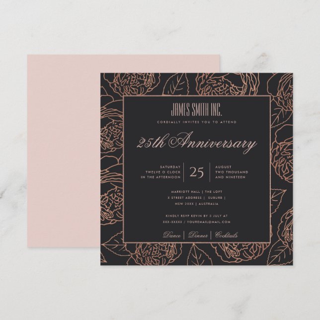 BLUSH ROSE GOLD BLACK FLORAL CORPORATE PARTY EVENT INVITATION (Front/Back)