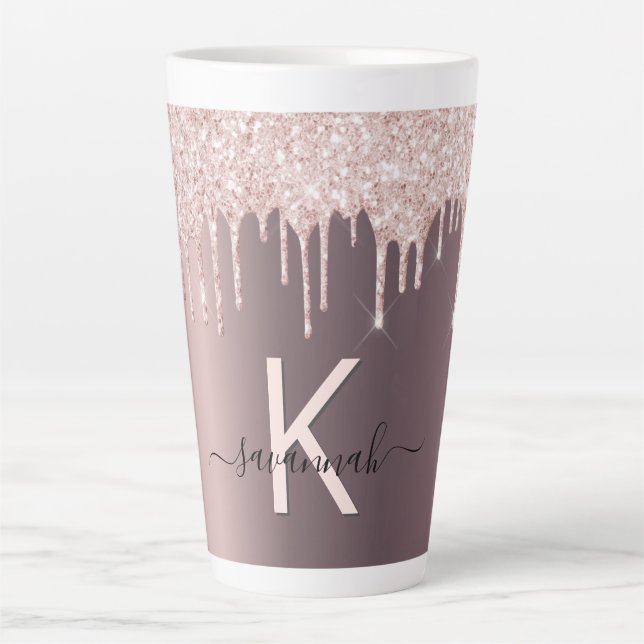 Blush rose gold brown glitter drips name monogram latte mug (Front)