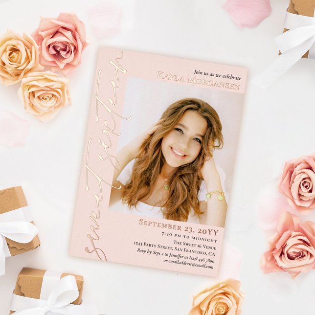 Blush Rose Gold Calligraphy Photo Sweet 16 (Creator Uploaded)