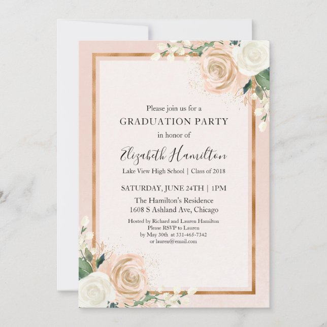 Blush & Rose Gold Chic Floral Graduation Party Invitation (Front)