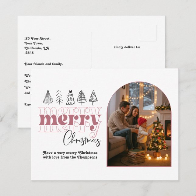 Blush & Rose Gold Cosy Arch Photo Merry Christmas Holiday Postcard (Front/Back)