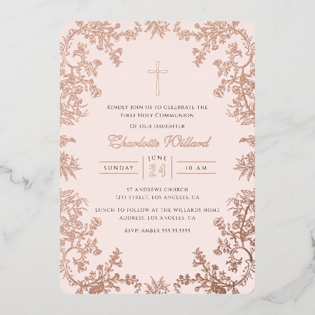 Blush Rose Gold Cross Vintage First Communion (Front)