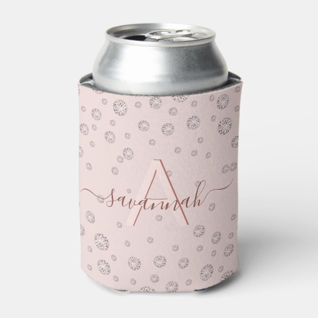 Blush rose gold diamond monogram party can cooler (Can Front)