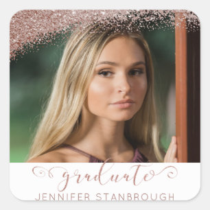 Blush & Rose Gold Elegant Script Graduate Photo Square Sticker