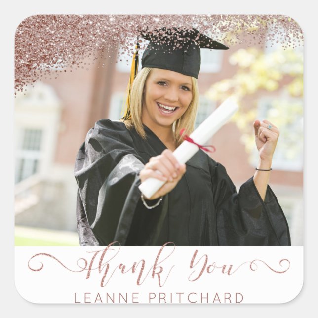 Blush & Rose Gold Elegant Script Thank You Photo Square Sticker (Front)