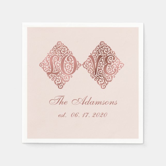 Blush Rose Gold Engraved LOVE Calligraphy Wedding Napkin (Front)