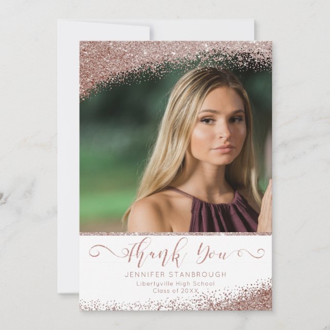 Blush Rose Gold Faux Glitter Graduate Thank You Announcement (Front)