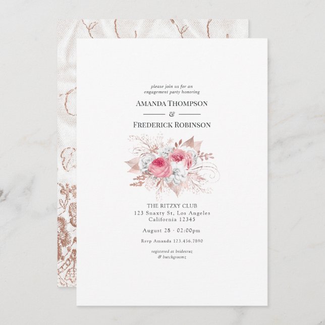 Blush & Rose Gold Floral and Lace Engagement Party Invitation (Front/Back)