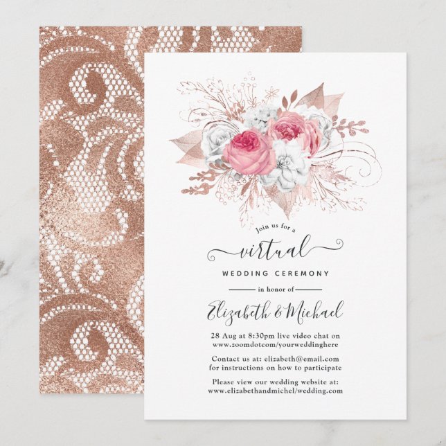 Blush & Rose Gold Floral and Lace Virtual Wedding Invitation (Front/Back)