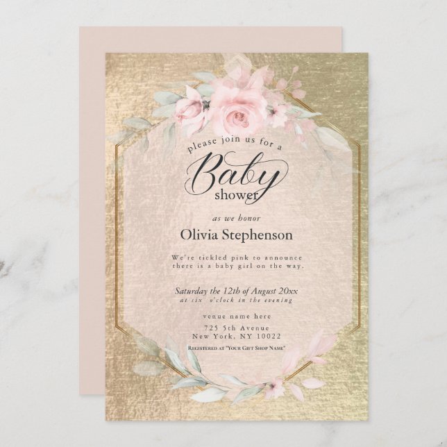 Blush Rose Gold Floral Baby Shower Invitation (Front/Back)