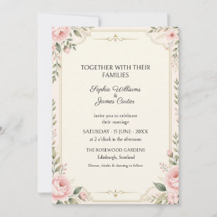 Blush Rose Gold Floral Border Wedding Invitation
