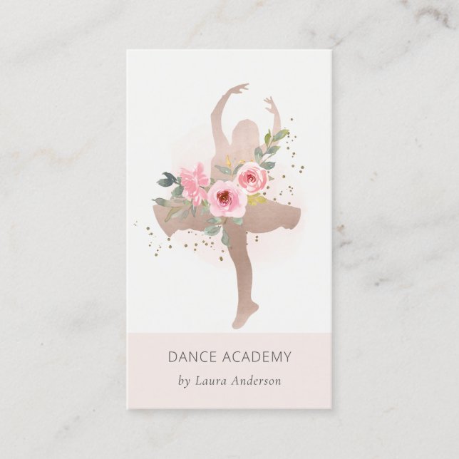 Blush Rose Gold Floral Dancer Dance Academy Logo Business Card (Front)