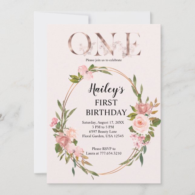 Blush & Rose Gold Floral First Birthday Invitation (Front)