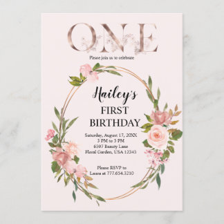 Blush & Rose Gold Floral First Birthday Invitation