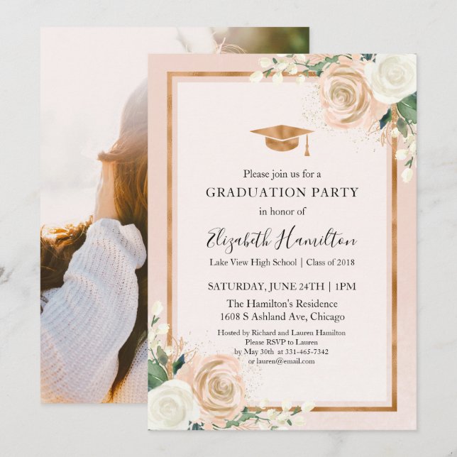 Blush & Rose Gold Floral Graduation Party Photo Invitation (Front/Back)