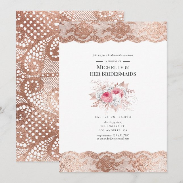 Blush & Rose Gold Floral & Lace Bridesmaid's Lunch Invitation (Front/Back)