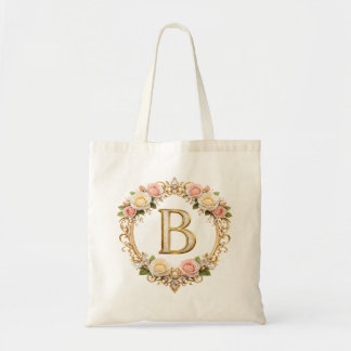 Blush Rose Gold Floral Monogram Letter B Wedding Tote Bag