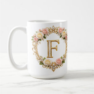 Blush Rose Gold Floral Monogram Letter F Wedding Coffee Mug