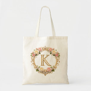 Blush Rose Gold Floral Monogram Letter K Wedding Tote Bag