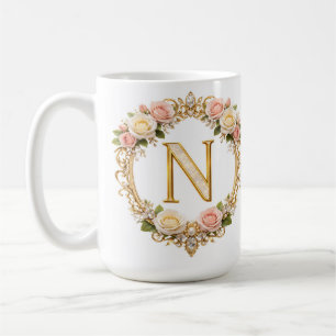 Blush Rose Gold Floral Monogram Letter N Wedding Coffee Mug