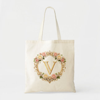 Blush Rose Gold Floral Monogram Letter V Wedding Tote Bag