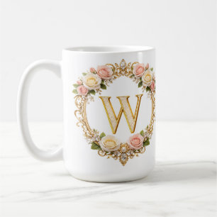 Blush Rose Gold Floral Monogram Letter W Wedding Coffee Mug