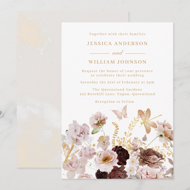 Blush & Rose Gold Floral Peony Butterflies Wedding Invitation (Front/Back)