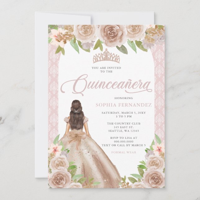 Blush Rose Gold Floral Princess Tiara Quinceañera Invitation (Front)