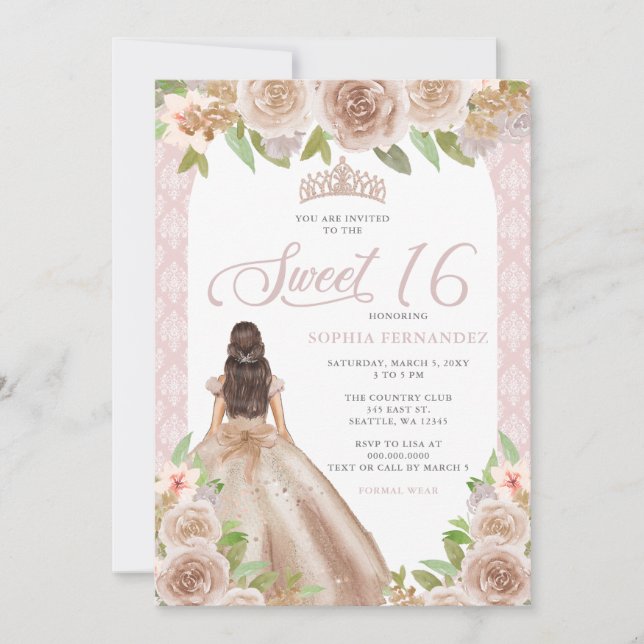 Blush Rose Gold Floral Princess Tiara Sweet 16 Invitation (Front)
