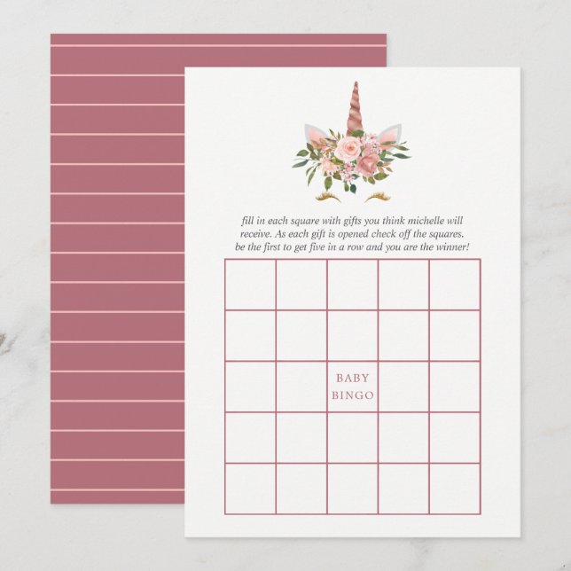 Blush & Rose Gold Floral Unicorn Baby Shower Bingo Invitation (Front/Back)