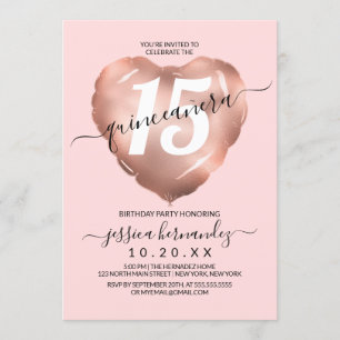 Blush Rose Gold Foil Heart Balloon Quinceañera Invitation