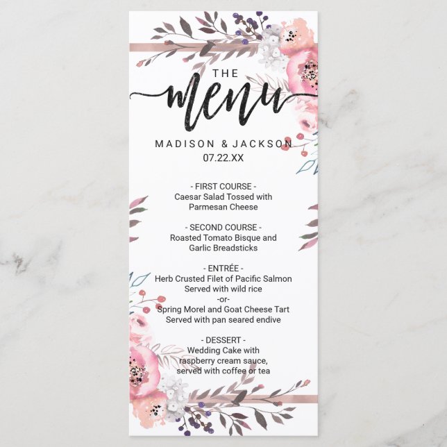 Blush & Rose Gold Framed Floral Wedding Menu (Front)