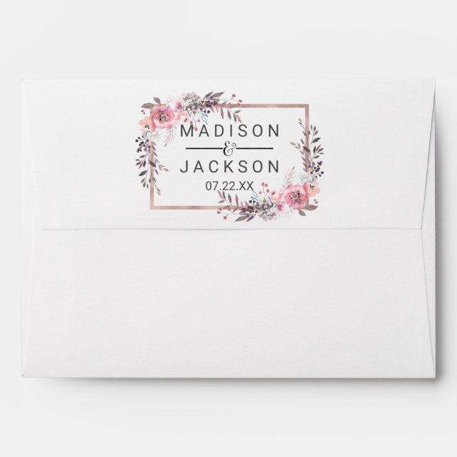 Blush & Rose Gold Framed Floral Wedding Monogram Envelopes (Back (Top Flap))