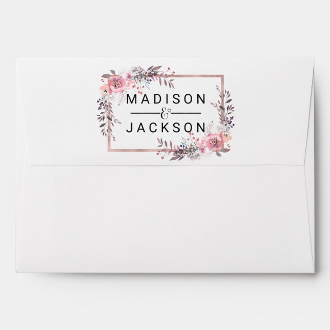 Blush & Rose Gold Framed Floral Wedding Monogram Envelopes (Back (Top Flap))