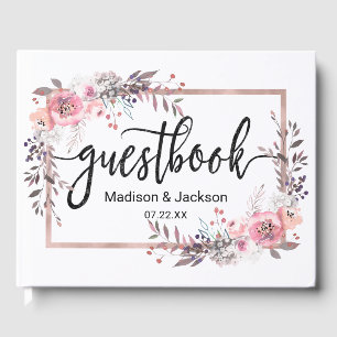 Blush & Rose Gold Framed Floral Wedding Monogram Guest Book