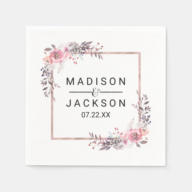 Blush & Rose Gold Framed Floral Wedding Monogram Napkin (Front)