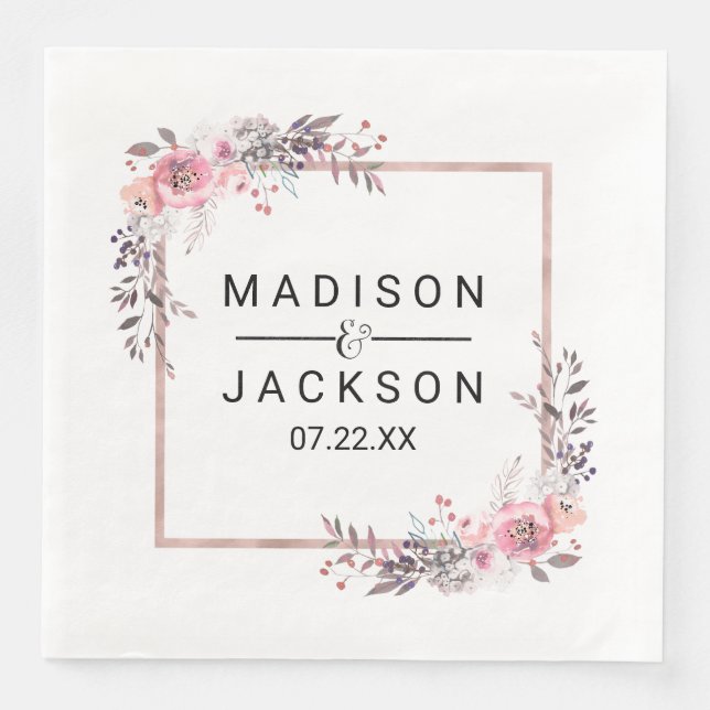 Blush & Rose Gold Framed Floral Wedding Monogram Napkin (Front)