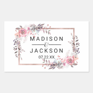 Blush & Rose Gold Framed Floral Wedding Monogram Rectangular Sticker