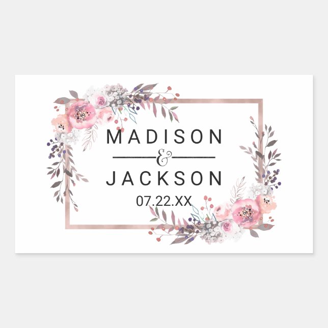 Blush & Rose Gold Framed Floral Wedding Monogram Rectangular Sticker (Front)
