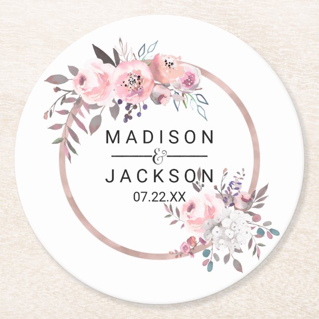 Blush & Rose Gold Framed Floral Wedding Monogram Round Paper Coaster (Front)