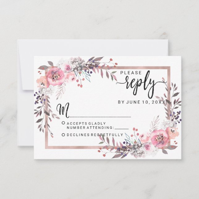 Blush & Rose Gold Framed Floral Wedding Reply RSVP Card (Front)