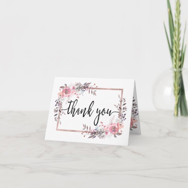 Blush & Rose Gold Framed Floral Wedding Thank You Card (Front)