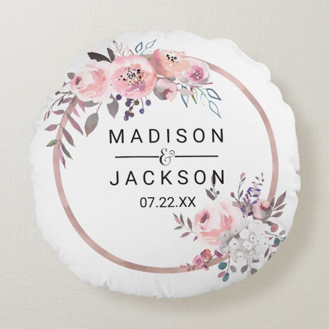Blush & Rose Gold Framed Wedding Ring Bearer Round Cushion (Front)