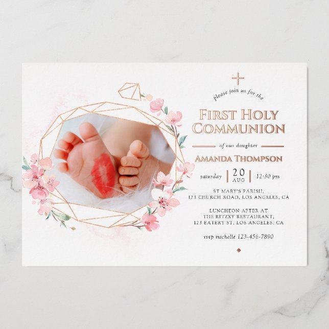 Blush & Rose Gold Geometric Floral Holy Communion  (Front)