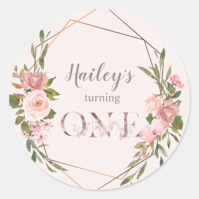 Blush & Rose Gold Girl turning ONE Classic Round Sticker (Front)