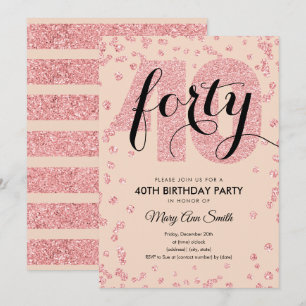 Blush Rose Gold Glitter 40th Birthday Party Invitation
