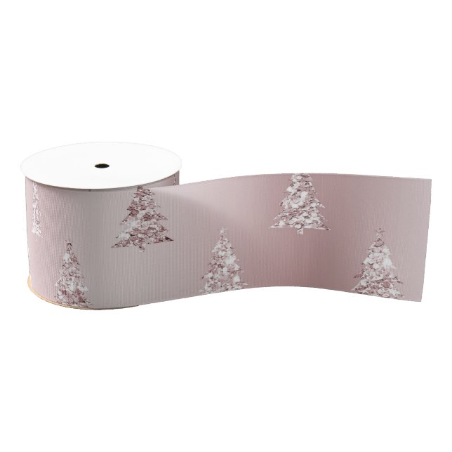 Blush Rose Gold Glitter Christmas Trees Grosgrain Ribbon (Spool)